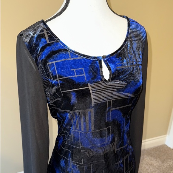 Edit by Jeanne Beker Sweater Velour Sheer Black Blue Geometric Crew Neck Sz M - Picture 5 of 11